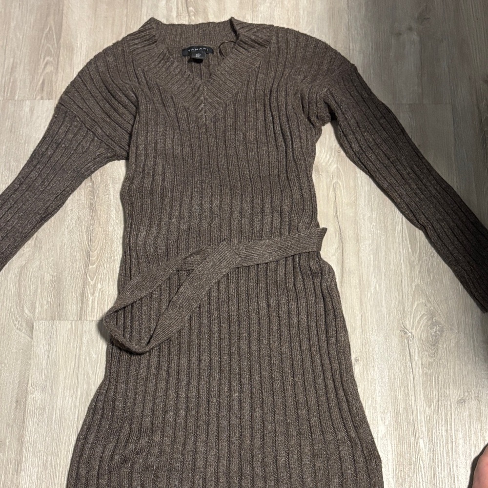 Tahari Brown Long Sleeve Ribbed Dress